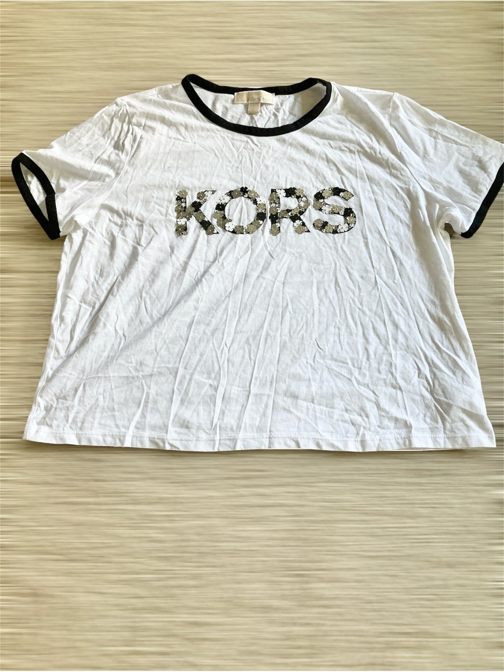 Michael Kors White Ringer Tee Black Trim and Floral Sequins Sz XL